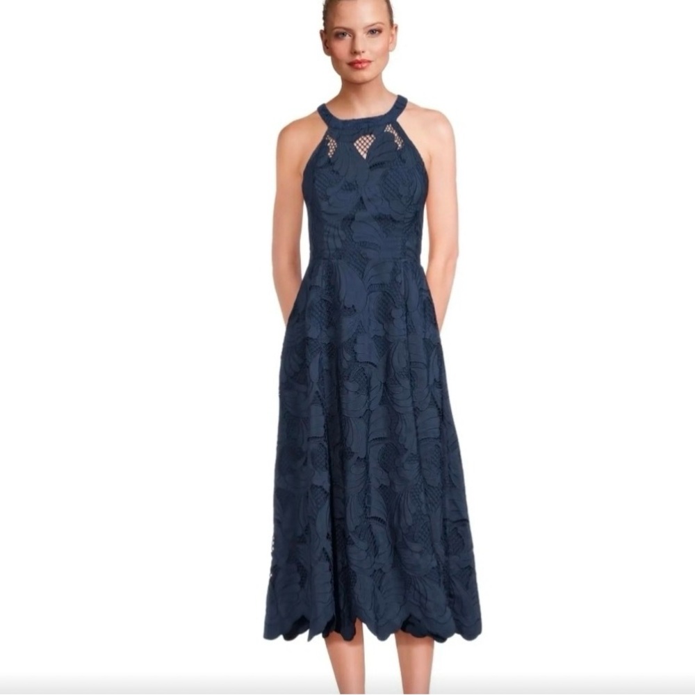 Lilly Pulitzer “Denise” Navy Blue Floral Eyelet Lace Midi Dress